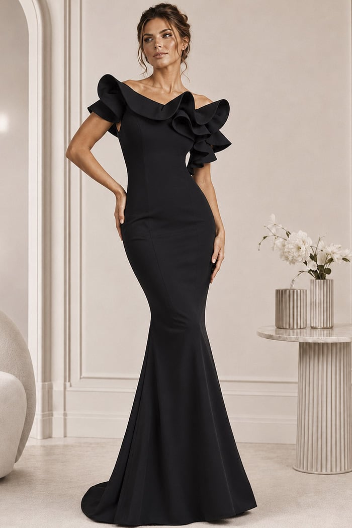 ruflfled neck mermaid black dress 43000