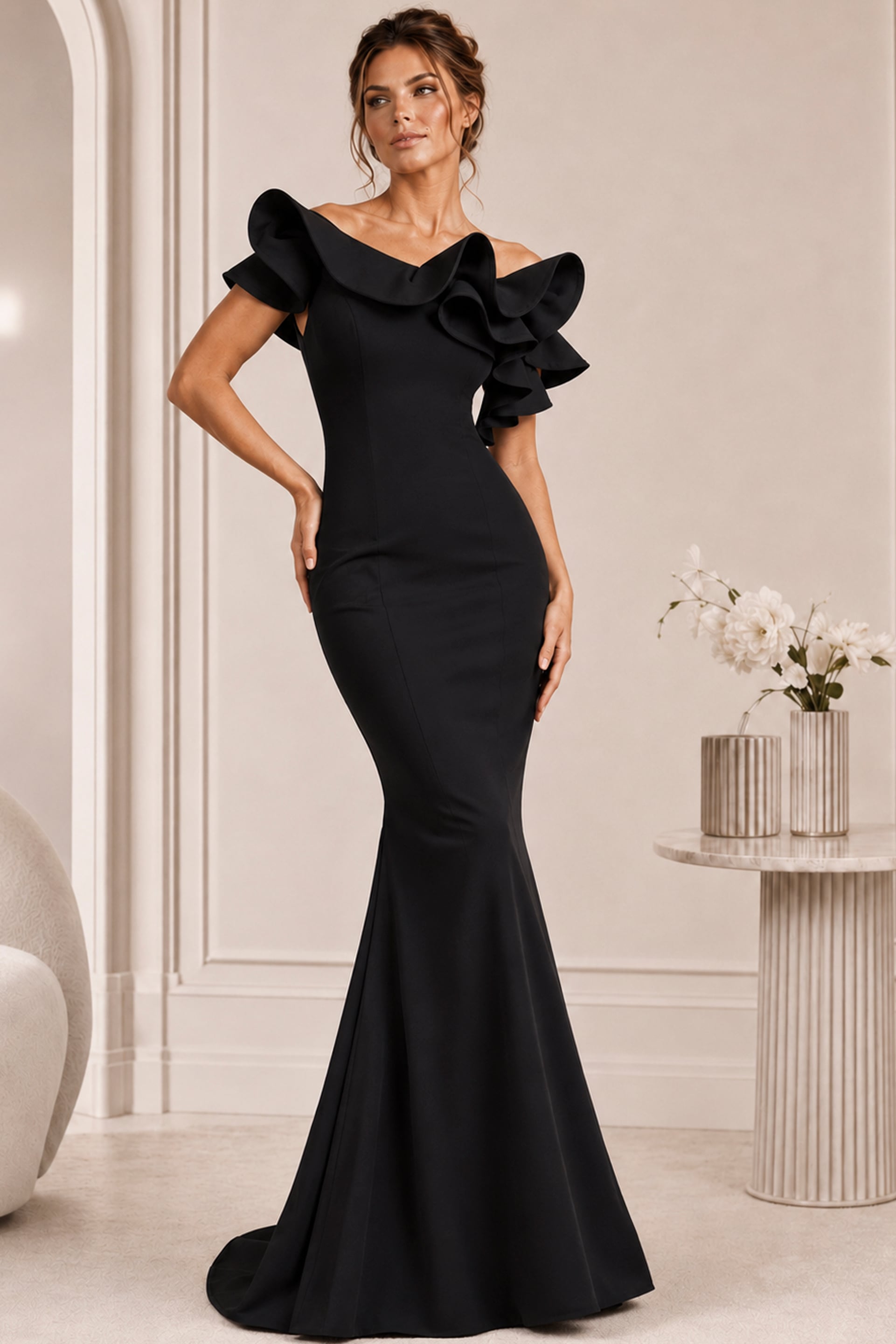ruflfled neck mermaid black dress 43000