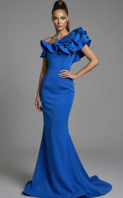 Front view of one shoulder fitted gown with sculpted ruffle neckline