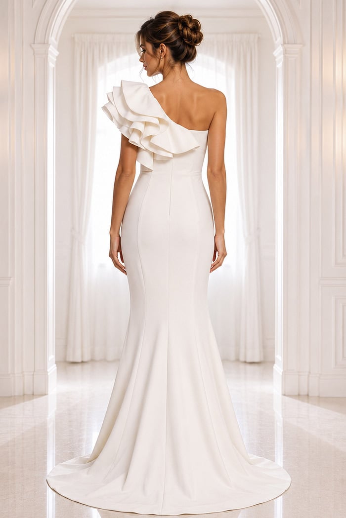 white one shoulder gown with sculpted ruffle detail - back view, white, ruffled one-shoulder, fitted mermaid