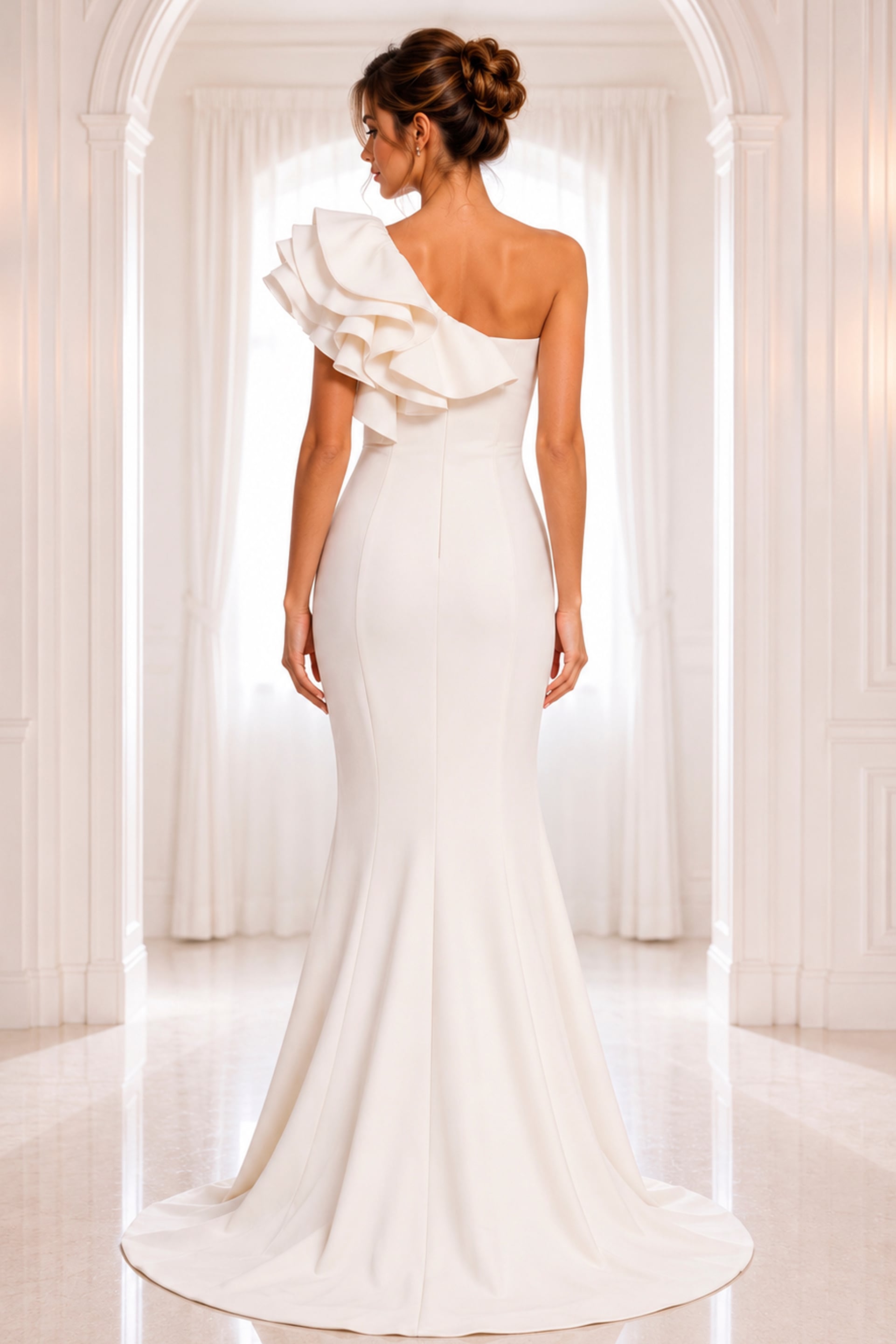 white one shoulder gown with sculpted ruffle detail - back view, white, ruffled one-shoulder, fitted mermaid