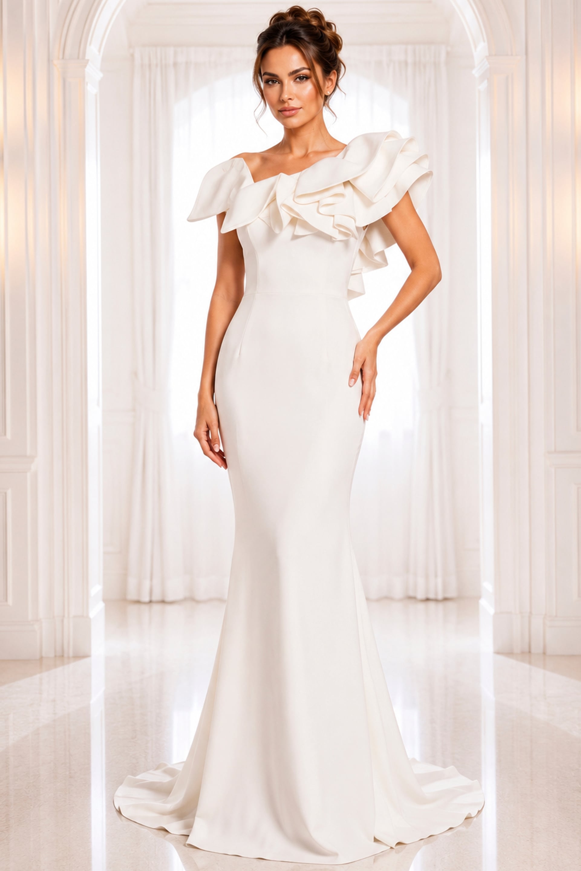 white one shoulder gown with sculpted ruffle detail - front full body, ruffled asymmetrical bodice, mermaid silhouette
