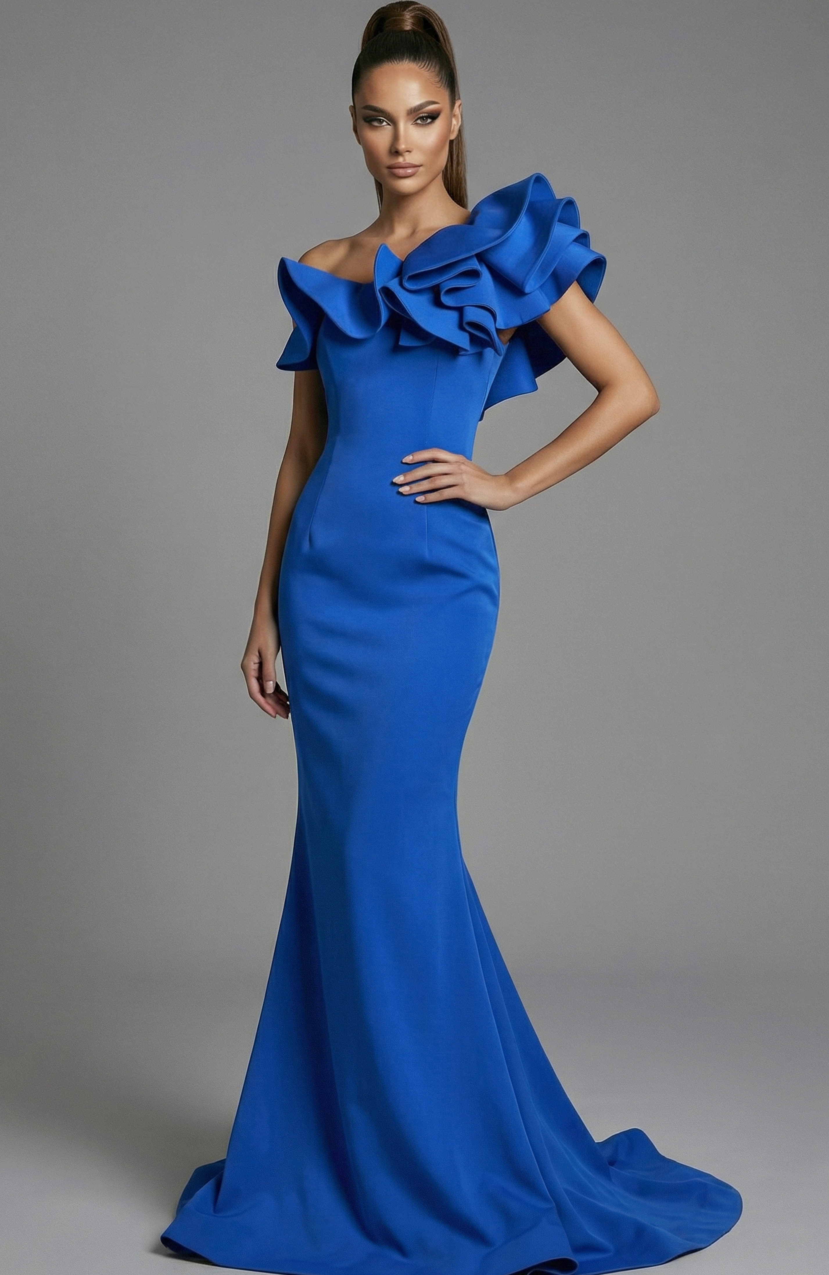 43000 Front view of one shoulder fitted gown with sculpted ruffle neckline