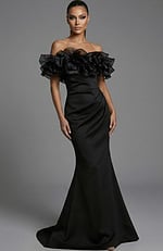 Front view of off shoulder gown with layered ruffled neckline and fitted silhouette