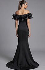 Back view of off shoulder gown with ruffled bodice and smooth flowing skirt