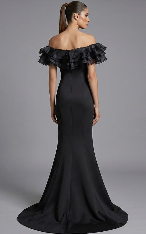 Back view of off shoulder gown with ruffled bodice and smooth flowing skirt
