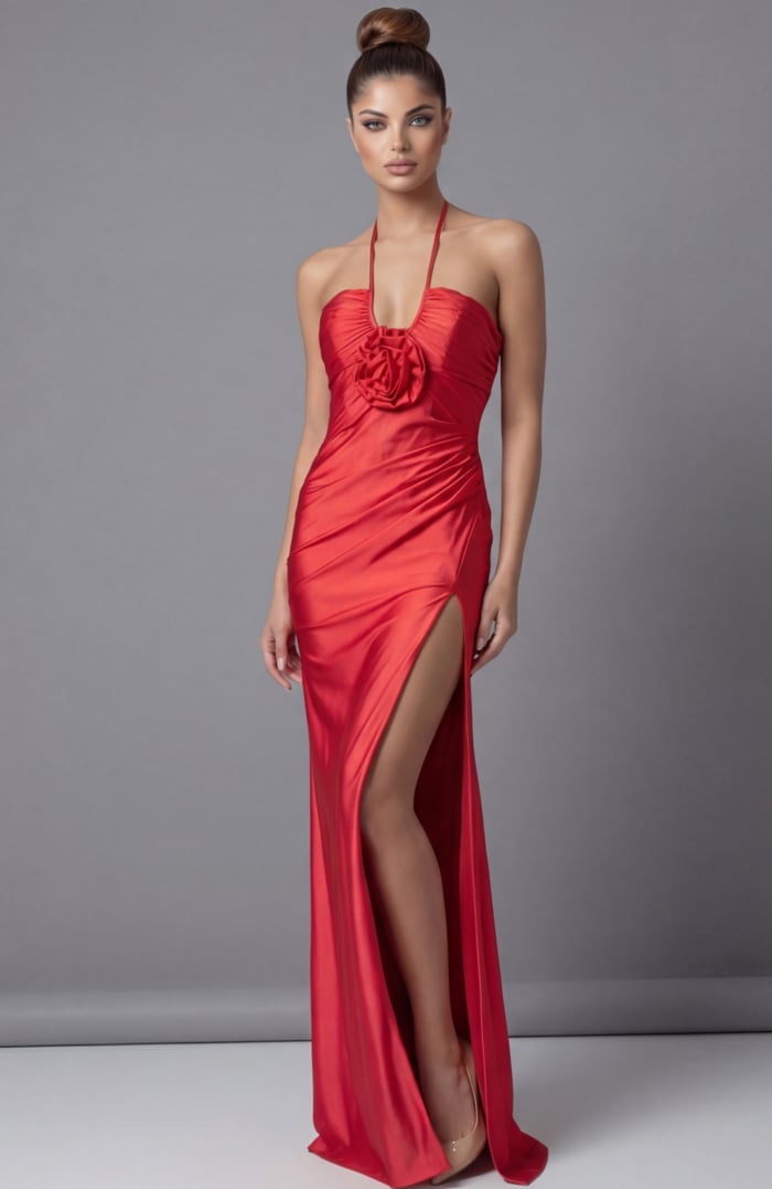 halter neck satin red dress 43041