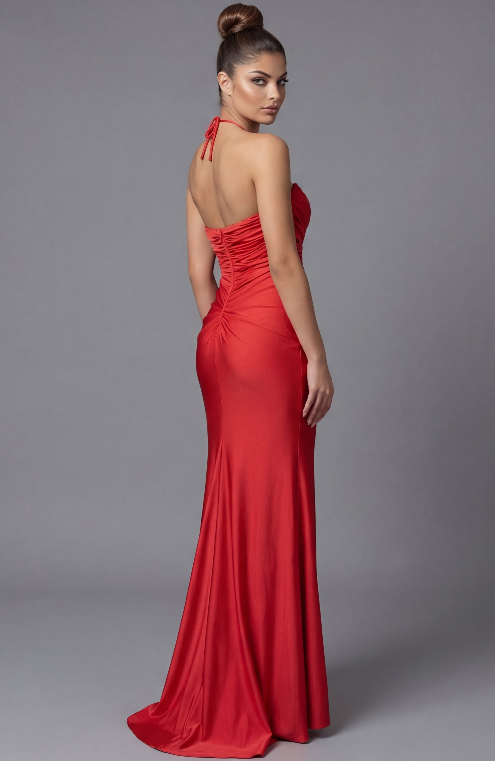 back of red halter neck satin dress 43041