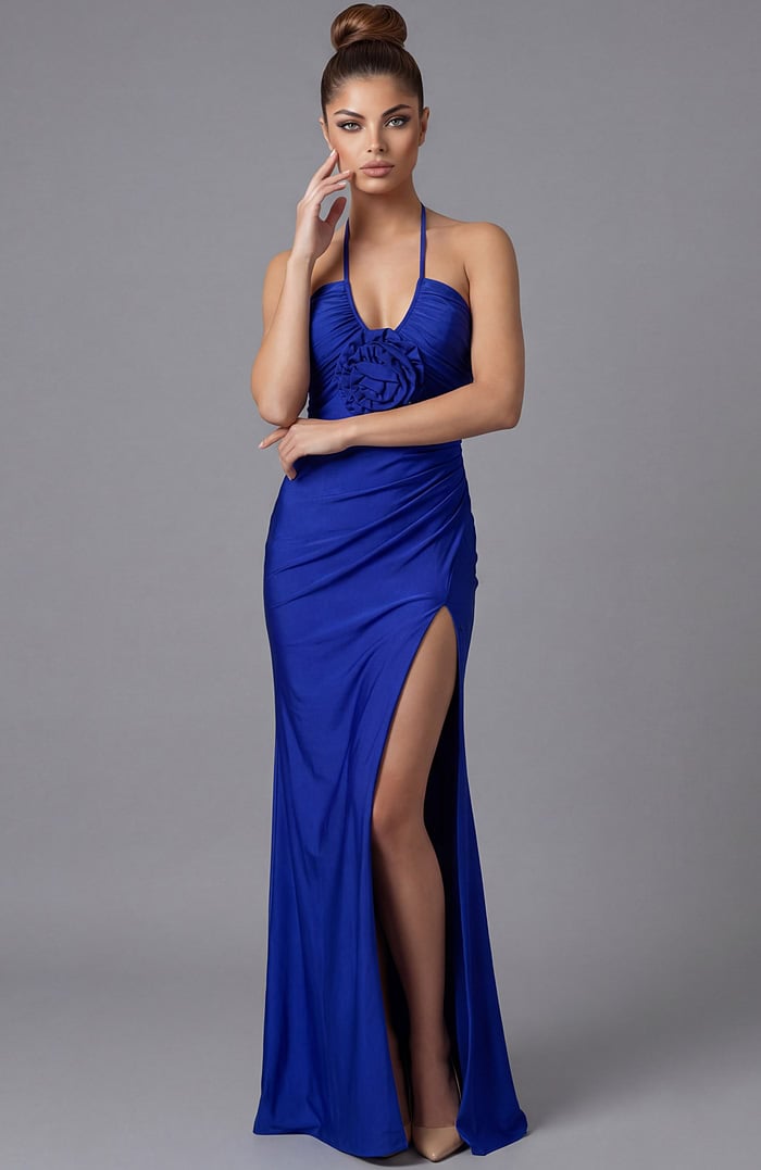 halter neck royal blue satin dress with high side slit 43041