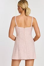 Back view of pink sequin tweed dress with square neckline