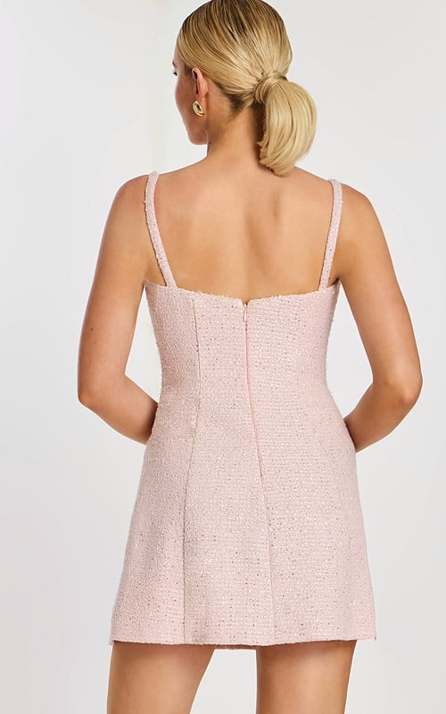 Back view of pink sequin tweed dress with square neckline