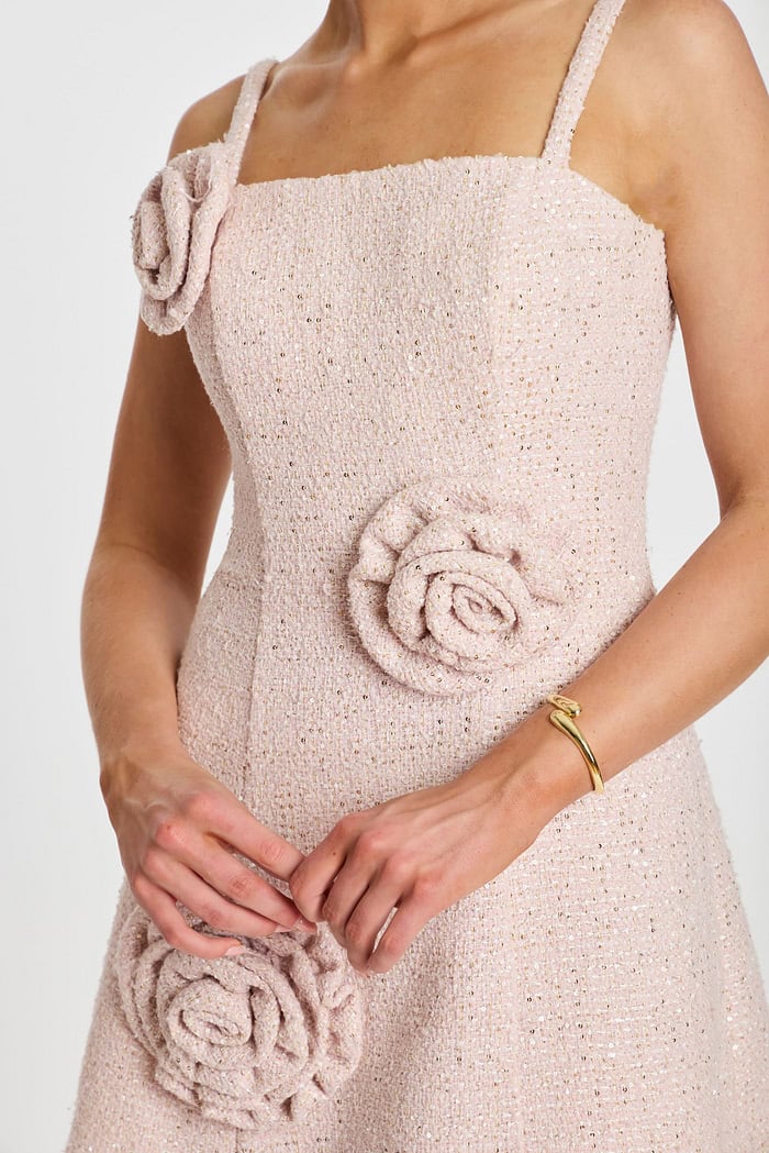 Soft Pink Tweed Mini Dress With Rosette Details 43042 | Jovani