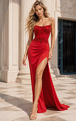 beaded bodice embellished high slit red dress 43044