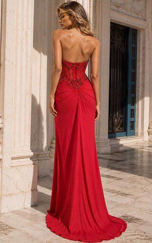 Jovani 43044 Red Strapless Corset Gown Seated Pose
