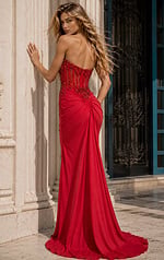 Jovani 43044 Red Corset Gown with High Slit Standing Pose