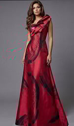 One shoulder gown with sculptural neckline and red abstract print detailing