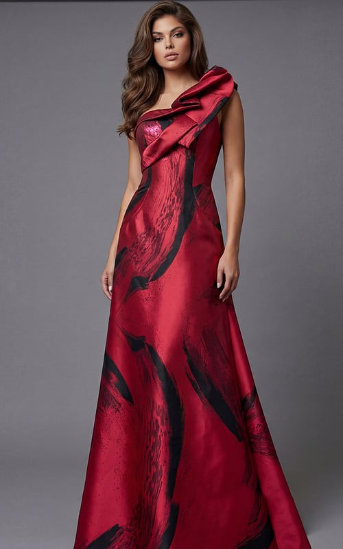 One shoulder gown with sculptural neckline and red abstract print detailing