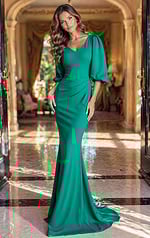 glamorous prom dress front view with metallic sparkle and slim fit