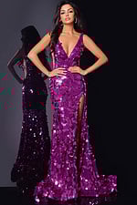 Model wearing Jovani 43056 purple sequin gown with V-neckline and side cutouts, front view.
