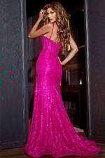 Model displaying the back view of Jovani 43061 fuchsia dress with elegant detailing.