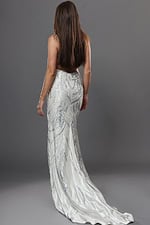 white sheath long dress with strappy v neck cutouts sequined high slit