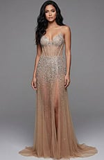 Beaded illusion corset gown with sheer flowing skirt
