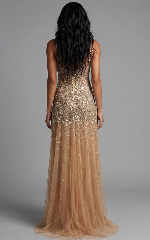 Back view of beaded gown with sheer train and fitted silhouette