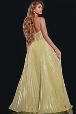 Back view of model wearing Jovani 43115 green gown with elegant pleats.