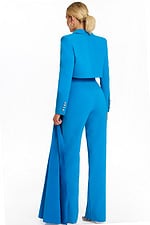 Back view of structured blazer and wide-leg pants in peacock blue