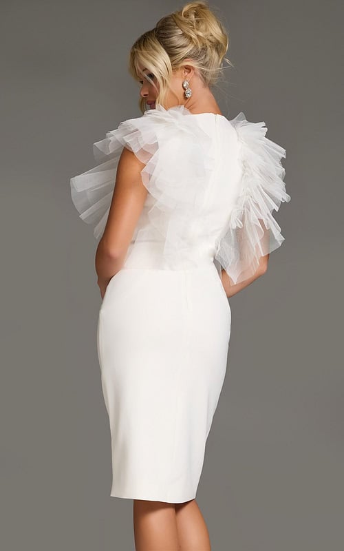 Model wearing Jovani 43152 white dress with ruffle detail, back view