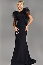 Model wearing Jovani 43153 full-length black dress with flutter sleeves, front view.