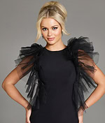 Close-up of model wearing Jovani 43153 black dress with flutter sleeves.