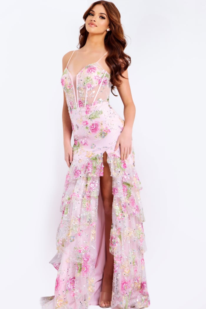 Romantic layered gown with delicate floral appliqués