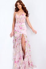 Tiered tulle gown with floral embroidery and high slit