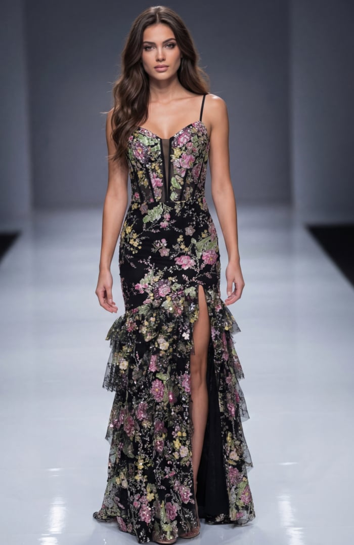 black multi floral high slit dress 43172