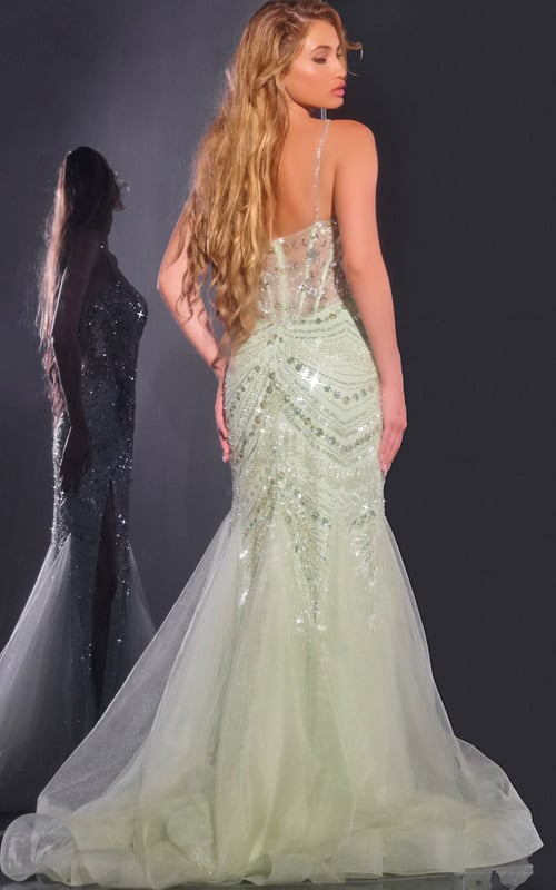 Back view of Jovani 43189 green gown featuring elegant beadwork and flowing skirt.