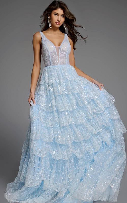 Sleeveless tiered ball gown with sparkling lace details