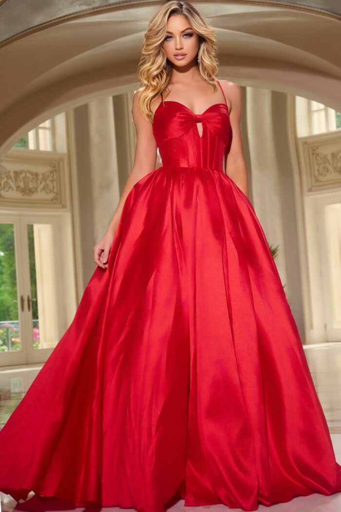 Model wearing Jovani 43199 red gown, full length, showcasing A-line silhouette, front view.