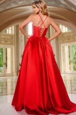 Back view of Jovani 43199 red gown with lace-up detailing, A-line silhouette.