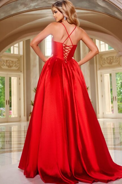 Back view of Jovani 43199 red gown with lace-up detailing, A-line silhouette.