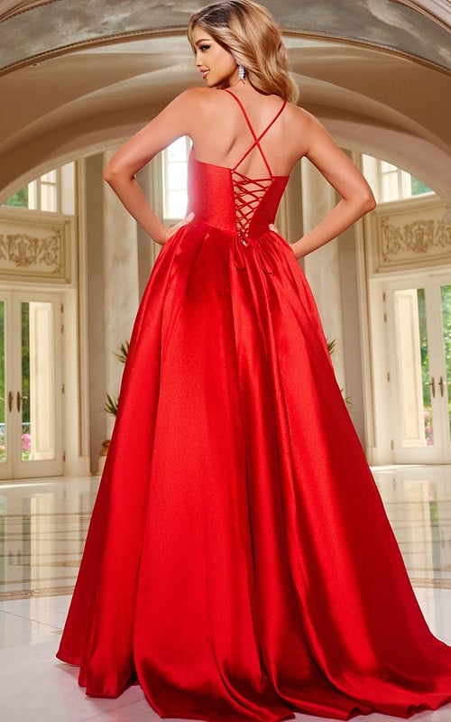 Back view of Jovani 43199 red gown with lace-up detailing, A-line silhouette.