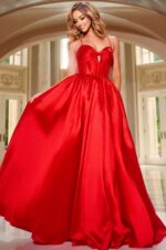 Model wearing Jovani 43199 red gown with sweetheart neckline, A-line silhouette, front view.