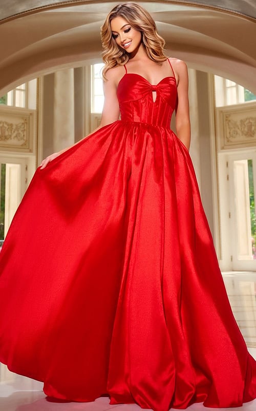 Model wearing Jovani 43199 red gown with sweetheart neckline, A-line silhouette, front view.