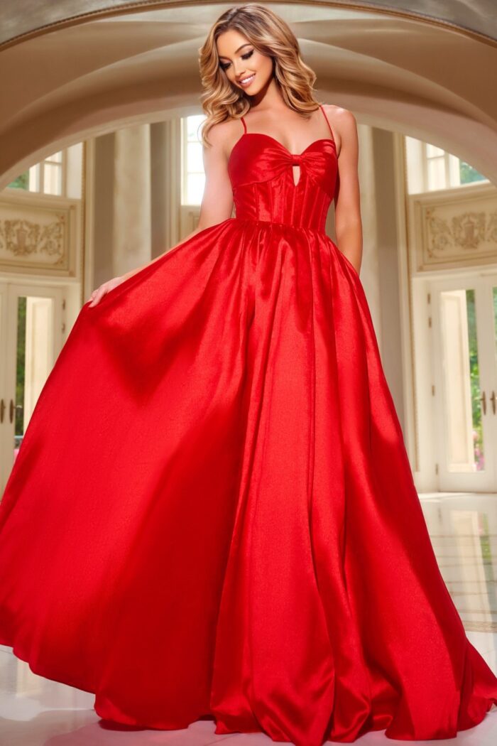Model wearing Jovani 43199 red gown with sweetheart neckline, A-line silhouette, front view.