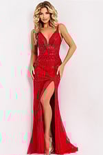 Red Beaded V-Neck Prom Dress with Slit and Open Back
