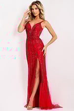 Red beaded prom gown with plunging neckline and sheer back