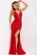Elegant red dress with beaded details and side slit