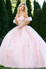 Side view of model in Jovani 43231 lilac gown with off-the-shoulder sleeves.