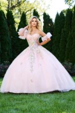 Full view of model wearing Jovani 43231 lilac ball gown with floral details.