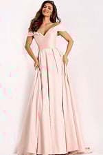 Blush off-shoulder evening gown with flowing A-line skirt